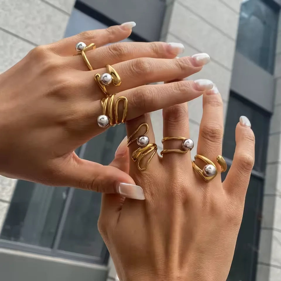 J&D Minimalist Two Tone Exaggerated Personality Multi Layer Irregular Steel Ball Ring 18k Gold Plated Stainless Steel