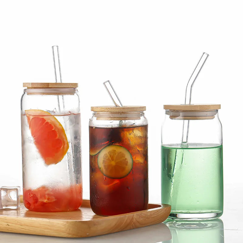 Hot Selling 12 oz 16 oz Borosilicate Glass Can Cup Pint Tumbler With Bamboo Straw and Lid Straw Glass Cup