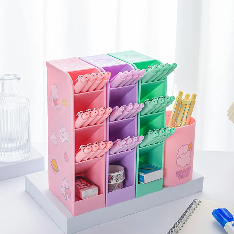 Four-grid Storage Pen Holder Cartoon DIY Sticker Oblique Pen Holder Creative Cute Macaron Color Student Stationery Pen Holder