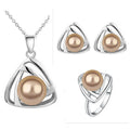 2025 Trendy Hollow Jewelry Set Wedding Band Luxury Triangular Pendant Pearl Necklace Ring Earrings Set for Women MegaBDM