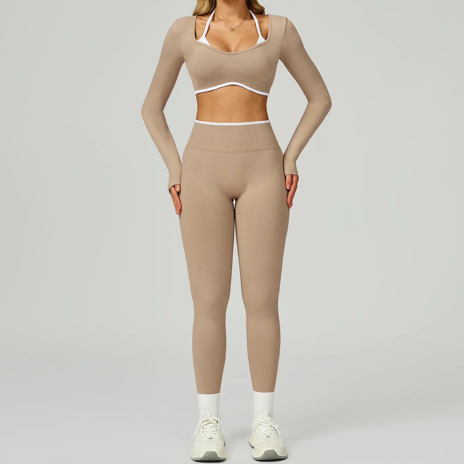 Custom Women's Seamless Yoga Set Hollowed Beauty Back Long Sleeve Crop Top and High Waisted Yoga Legging Workout 2 Pcs Gym Set