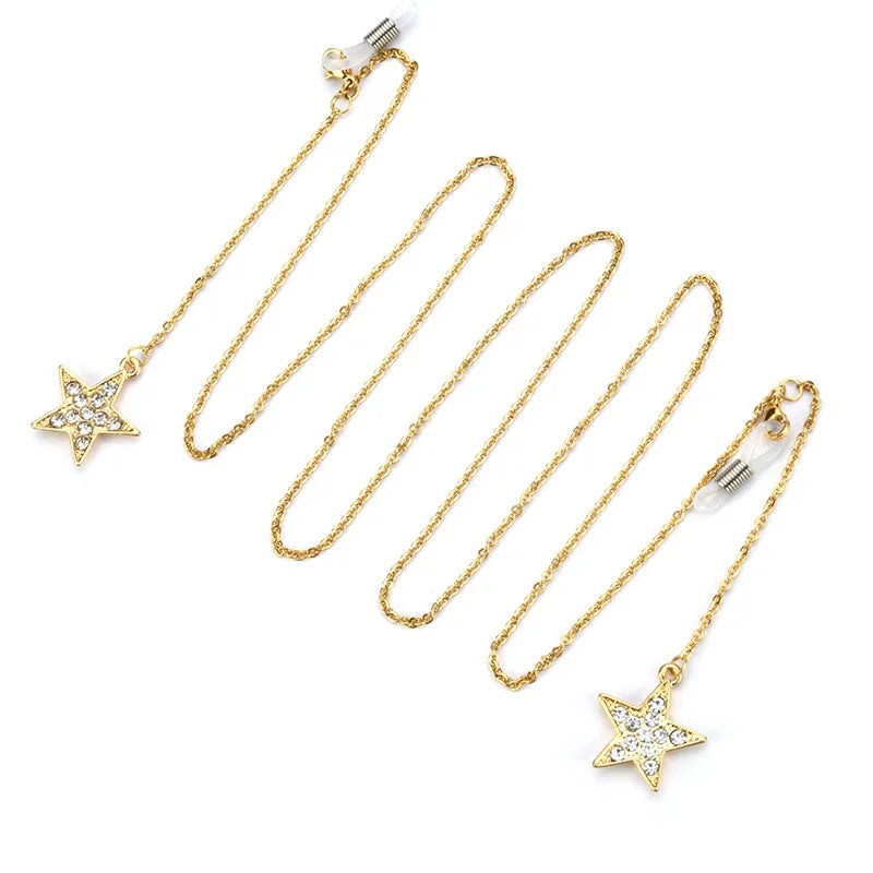 Fashion Europe Hot Sell Women Stainless Steel Star With Crystal Silver Gold Plated Sunglasses Glasses Chains