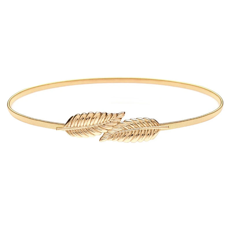 Women's Fashion Metal Golden Silver Leaves Chain Belt Waist Band Elasticity Waist Belt for Dress Skirt Bands Female MegaBDM