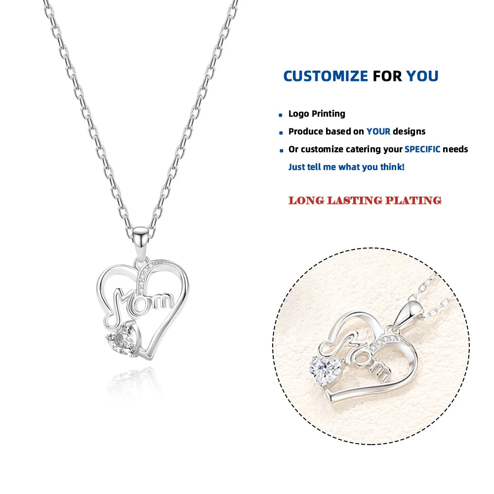 DY923 925 Sterling Silver MOM Pendant Necklace with Heart-Shaped Zircon Heartfelt Wedding or Party Gift for Mom MegaBDM