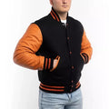 Black Waterproof Breathable Quick Dry Varsity Jacket Orange Sleeves Wool Body Custom OEM College Baseball Bomber Letterman Front