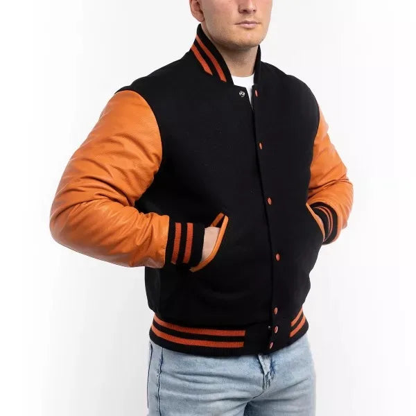 Black Waterproof Breathable Quick Dry Varsity Jacket Orange Sleeves Wool Body Custom OEM College Baseball Bomber Letterman Front