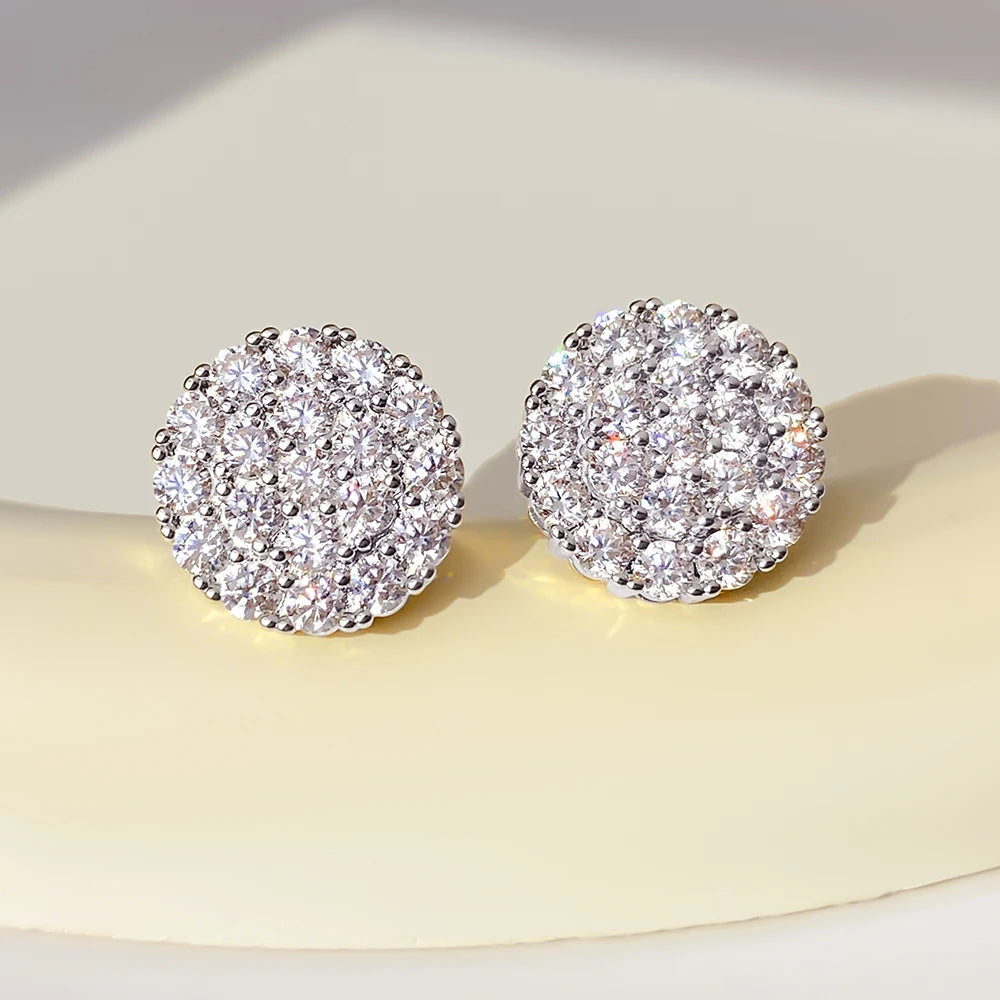 10mm HIPHOP Cluster Ear Studs in S925 Silver & Excellent Cut Moissanite Diamond VVS Clarity Stud Earrings with Screwback