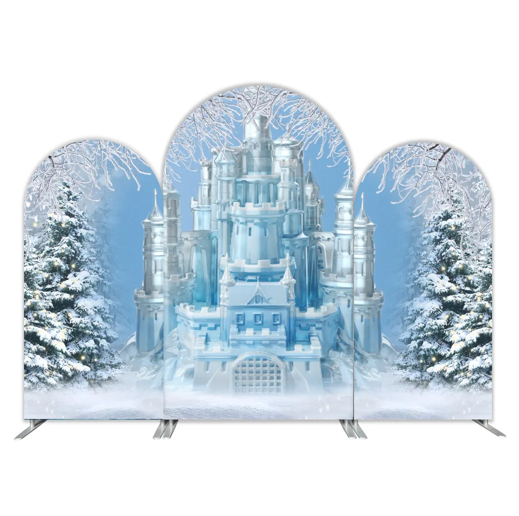 Dreamy Castle Backdrop Blue Fairy Tale Ice and Snow World Photo Background for Birthday Fabric Cover Decoration for Party Event