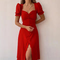 2025 Summer New Style V-Neck Dresses Women Single-Breasted Temperament Mid-Length Dress Ropa De Mujer