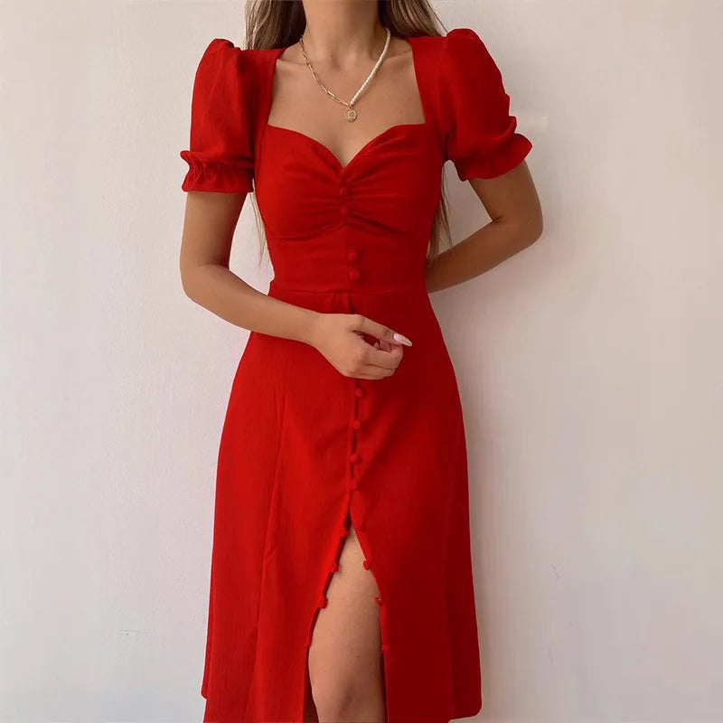 2025 Summer New Style V-Neck Dresses Women Single-Breasted Temperament Mid-Length Dress Ropa De Mujer