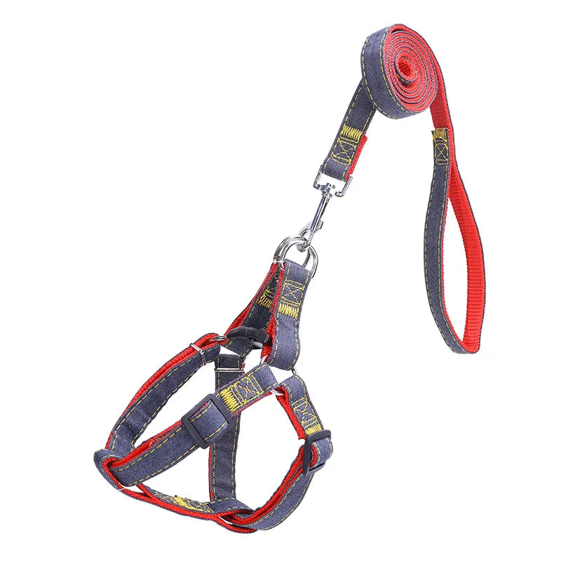 2024 Pet Traction Rope Reflective Adjustable Vest Style Denim Dog Harness for Small Medium and Large Dog Walking Leash Set