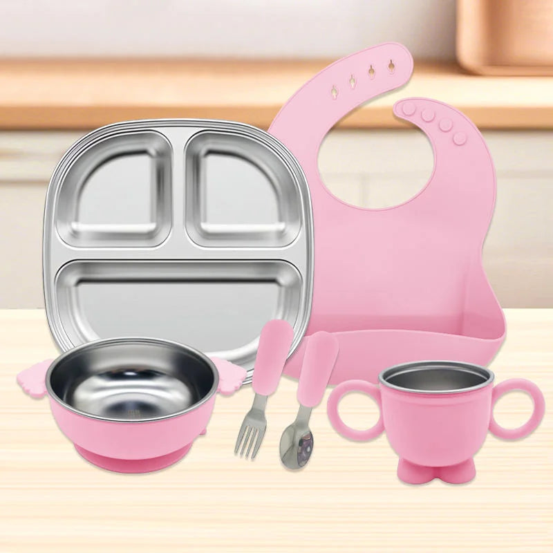 Kids Silicone Feeding Set BPA-Free Double Wall Stainless Steel Bowl with Suction Leak Proof & Dishwasher Safe Divided Plate