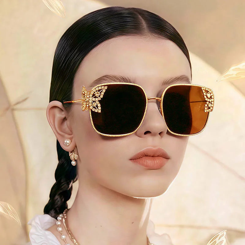 2025 Luxury Retro Women Oversized Metal Sun Glasses UV400 Square Rhinestone Butterfly Frame Sunglasses Women