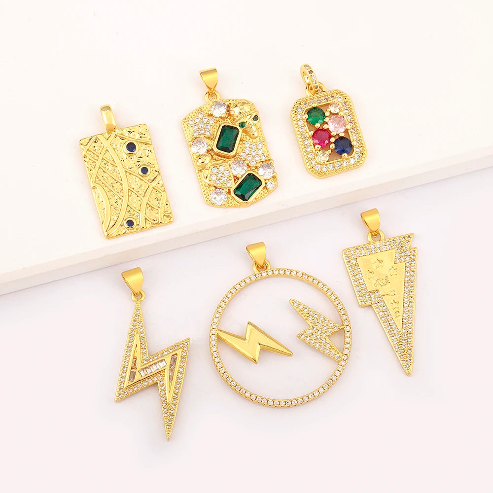18K Gold Plated Copper Cubic Zirconia Pendant Geometric Lightning Rectangle Colorful Stone Design Vintage Jewelry Necklace