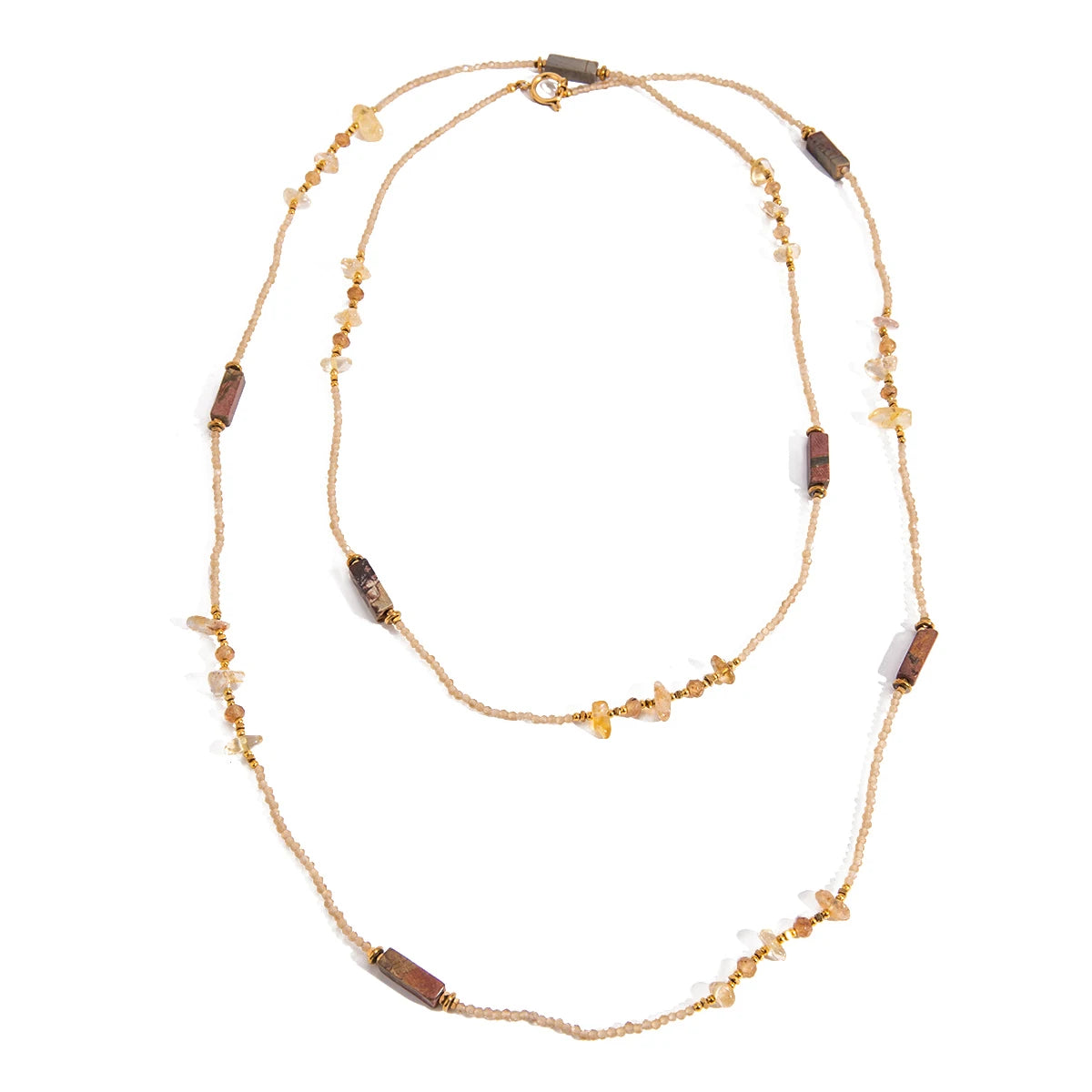 J&D 18k Gold Stainless Steel Yellow Crystal Beaded Necklace 125cm Natural Stone Statement Piece Versatile Styling