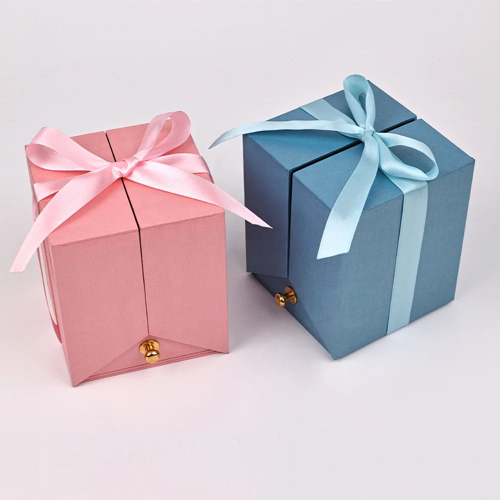 Romantic Rose Flower Boxes Double Folding Box Jewellery Packaging With Ribbon Logo Printed Satin Ribbon Jewelry Gift Box Ribbon