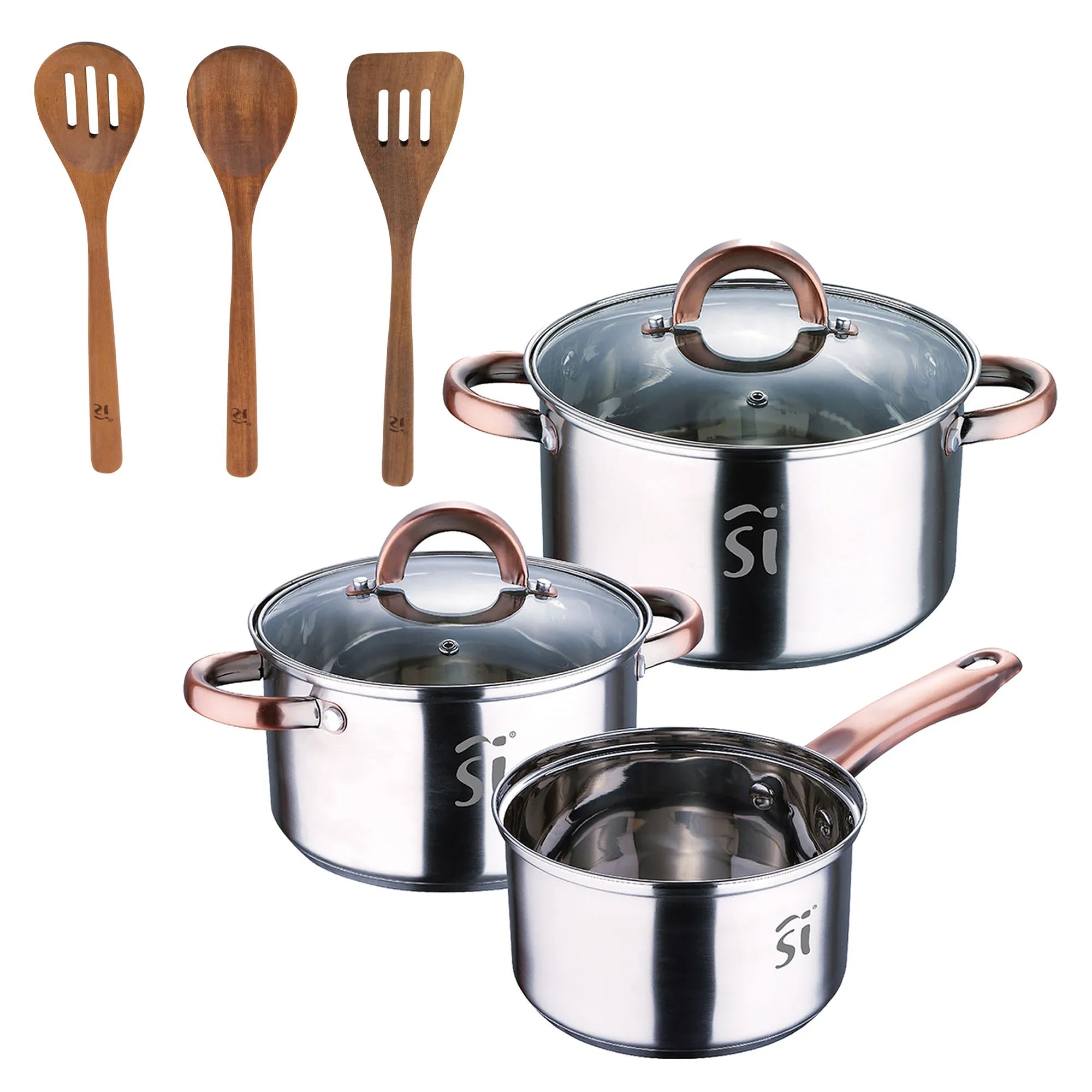 5-piece stainless steel cookware set (16 18 20) suitable for induction cooktops + San Ignacio AGROS 3-piece acacia wood