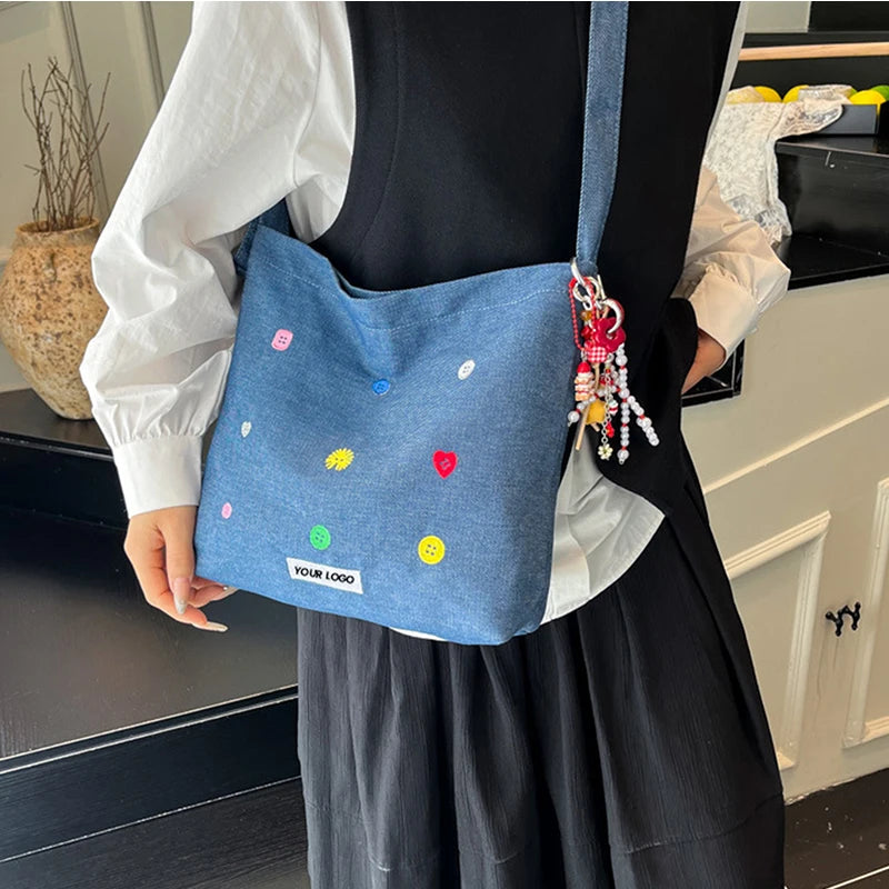 Embroidered Denim Crossbody Bag New Style Large Capacity Suitable for Commuting Shopping and Student Shoulder Crossbody Tote Bag