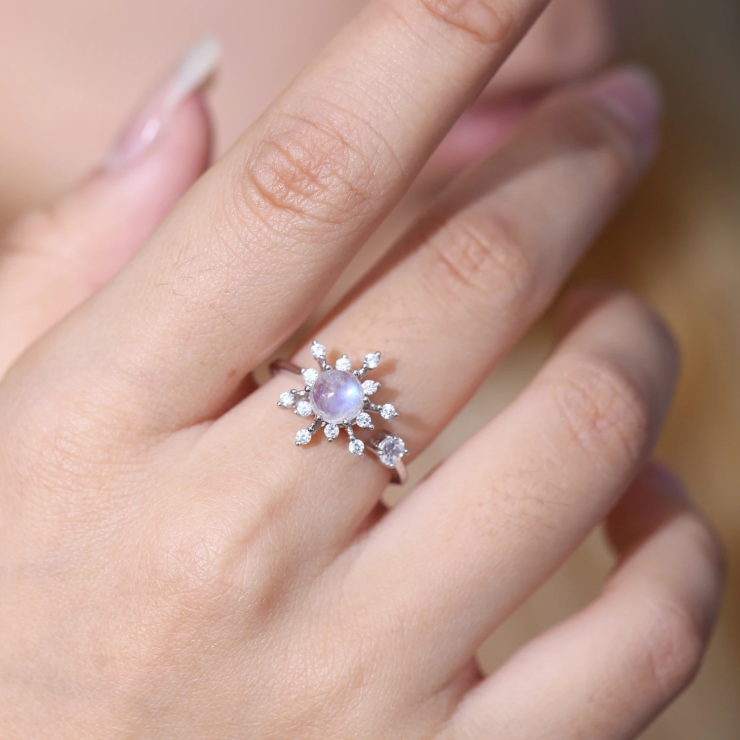 C7626 Trusted Jewelry Wholesale Suppliers Women 925 Sterling Silver Engagement Rainbow Blue Moonstone Open Rings