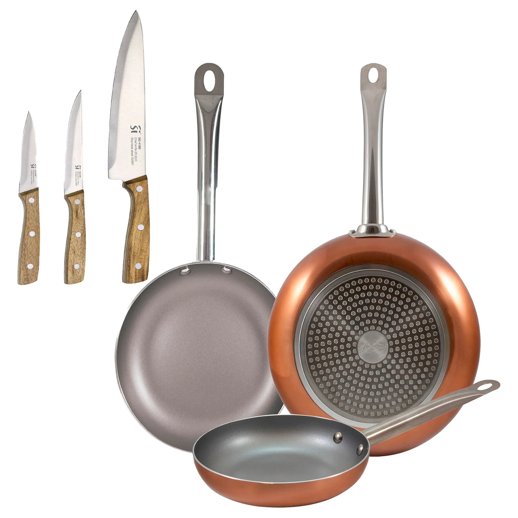 Set of 3 San Ignacio frying pans (18 22 26cm) pressed aluminum suitable for induction + Set of 3 stainless steel kitchen