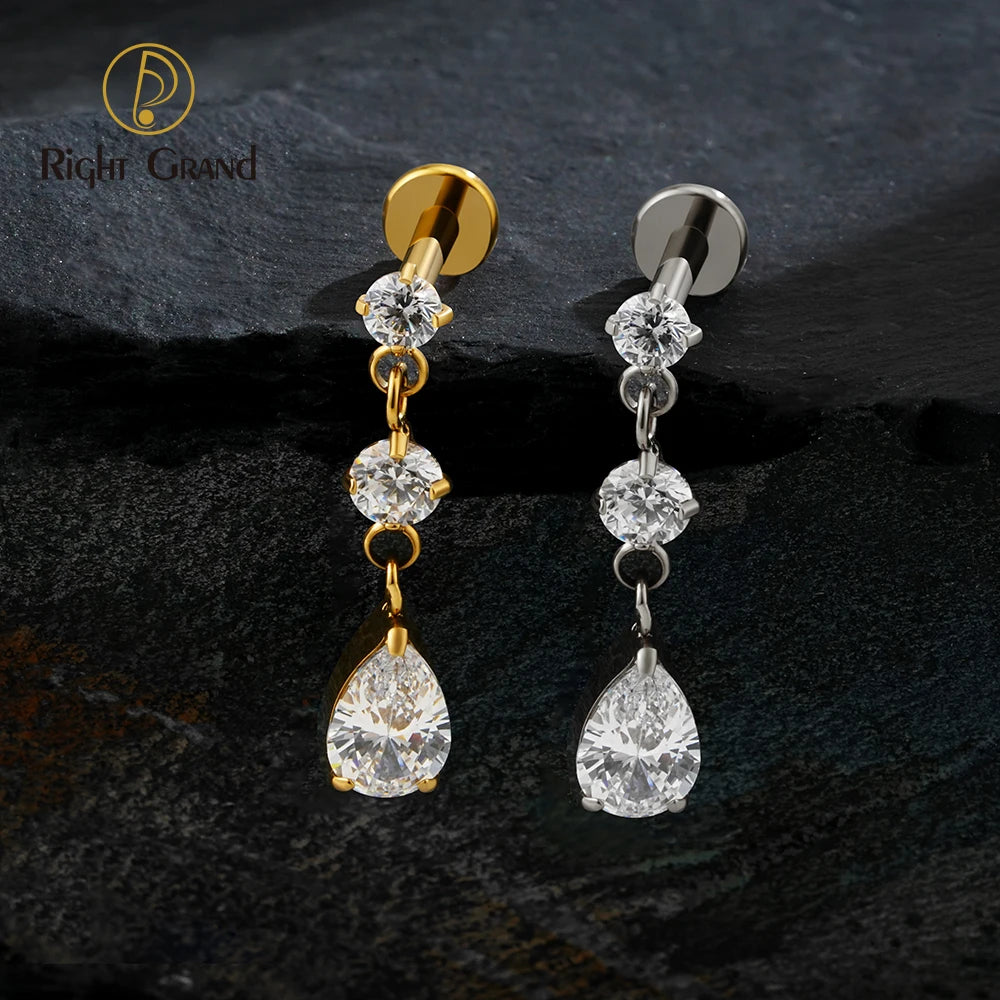 Titanium Internal Thread Teardrop Dangle CZ Stud Earring 16G Flat Back Labret Cartilage Helix Tragus Piercing Jewelry