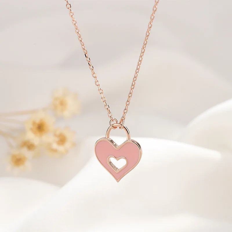 Wholesale 925 Sterling Silver Hollow Double Heart Fashion Pendant Necklaces pink Enamel Charm for Girl Gift Party