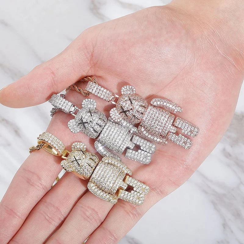 Luxury Gold Plated Bearbrick Pendant with Cubic Zirconia Iced Out 3D Cartoon Bear Design Hip Hop Exquisite Craftsmanship Jewelry