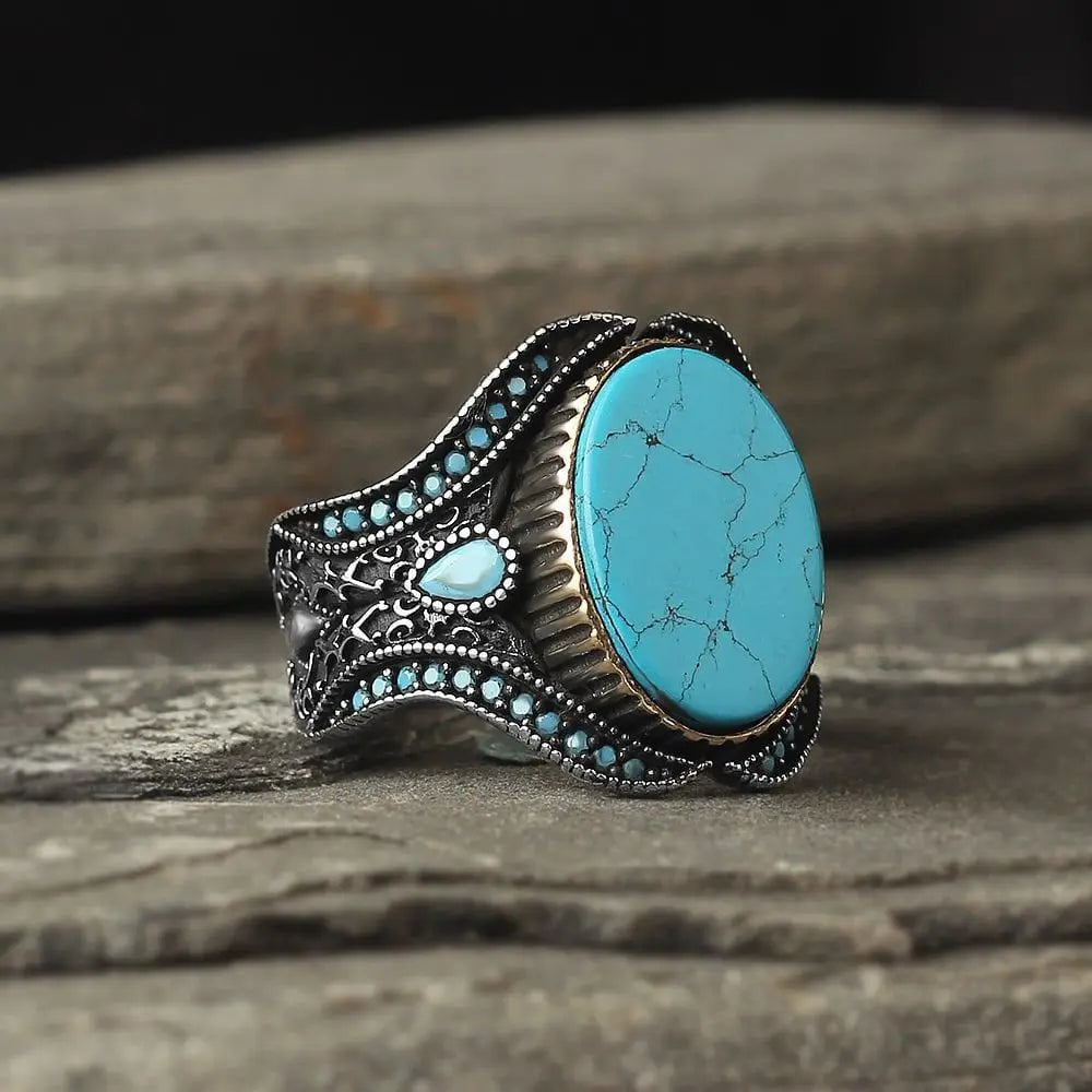 Azuris Turkey 925 Sterling Silver Men's Ring Ottoman Style Natural Black Stone VALKH1474