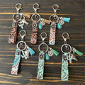 Embossed Retro Turquoise Ox Head Cactus Flower Tassel Western Cowboy Keychains Pu Leather Wristband Keychains for Men Pendant