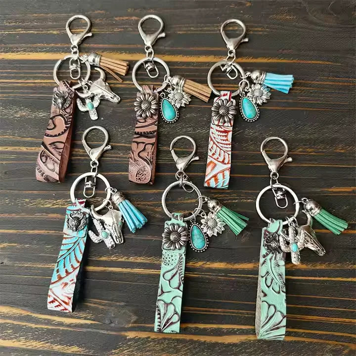 Embossed Retro Turquoise Ox Head Cactus Flower Tassel Western Cowboy Keychains Pu Leather Wristband Keychains for Men Pendant