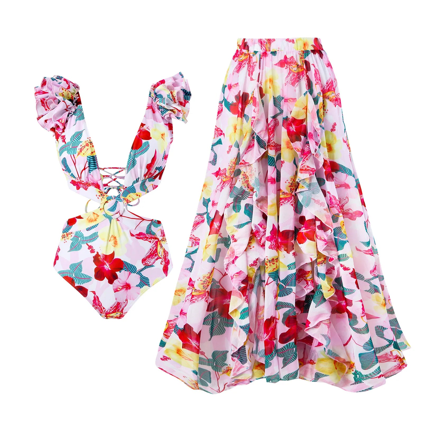 Senyun Women's Handmade Bandeau 2 Piece Set Deep V Neck High Waist Long Skirt Swimsuit Spandex/Polyester Belt Quick Dry Stretch