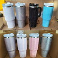 New 40oz Rhinestone Tumbler w Handle and Straw Cap Stainless Steel Coffee Mug Portable Fleur De Lis Mardi Gras Fdl Diamond White