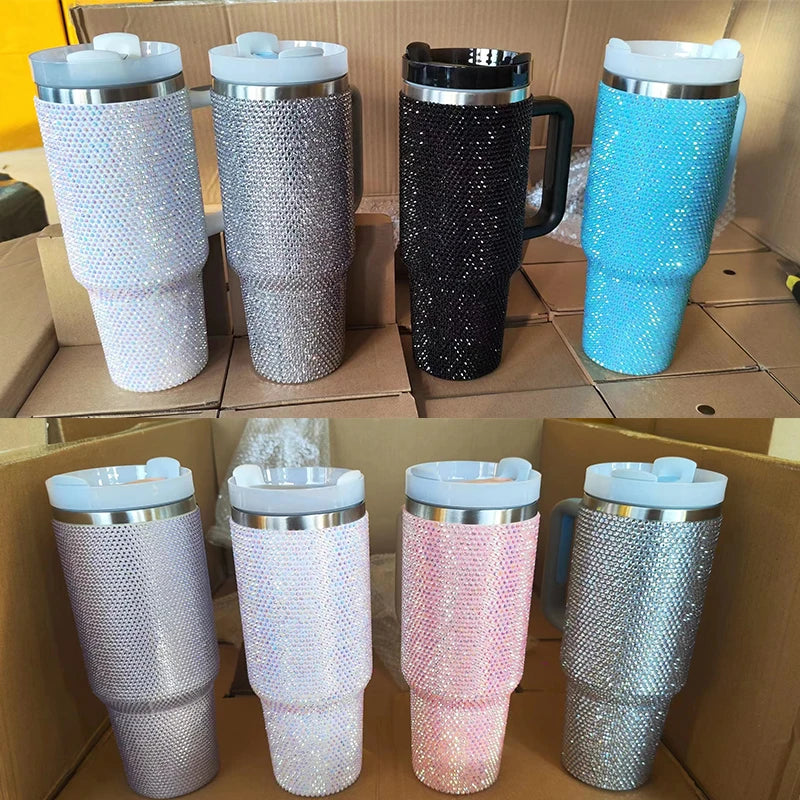 New 40oz Rhinestone Tumbler w Handle and Straw Cap Stainless Steel Coffee Mug Portable Fleur De Lis Mardi Gras Fdl Diamond White