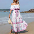 2025 Spring & Summer New Arrival Women's Western Fashion One-Shoulder Red Floral Print Long Flared Dress