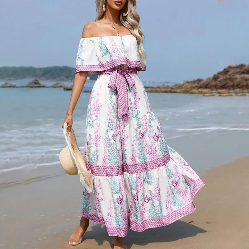 2025 Spring & Summer New Arrival Women's Western Fashion One-Shoulder Red Floral Print Long Flared Dress