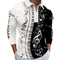 2026 Hot Selling Men's Music Note Piano Print Polo Shirt - Long Sleeve Half Zip Casual Top for Streetwear & Music Festival