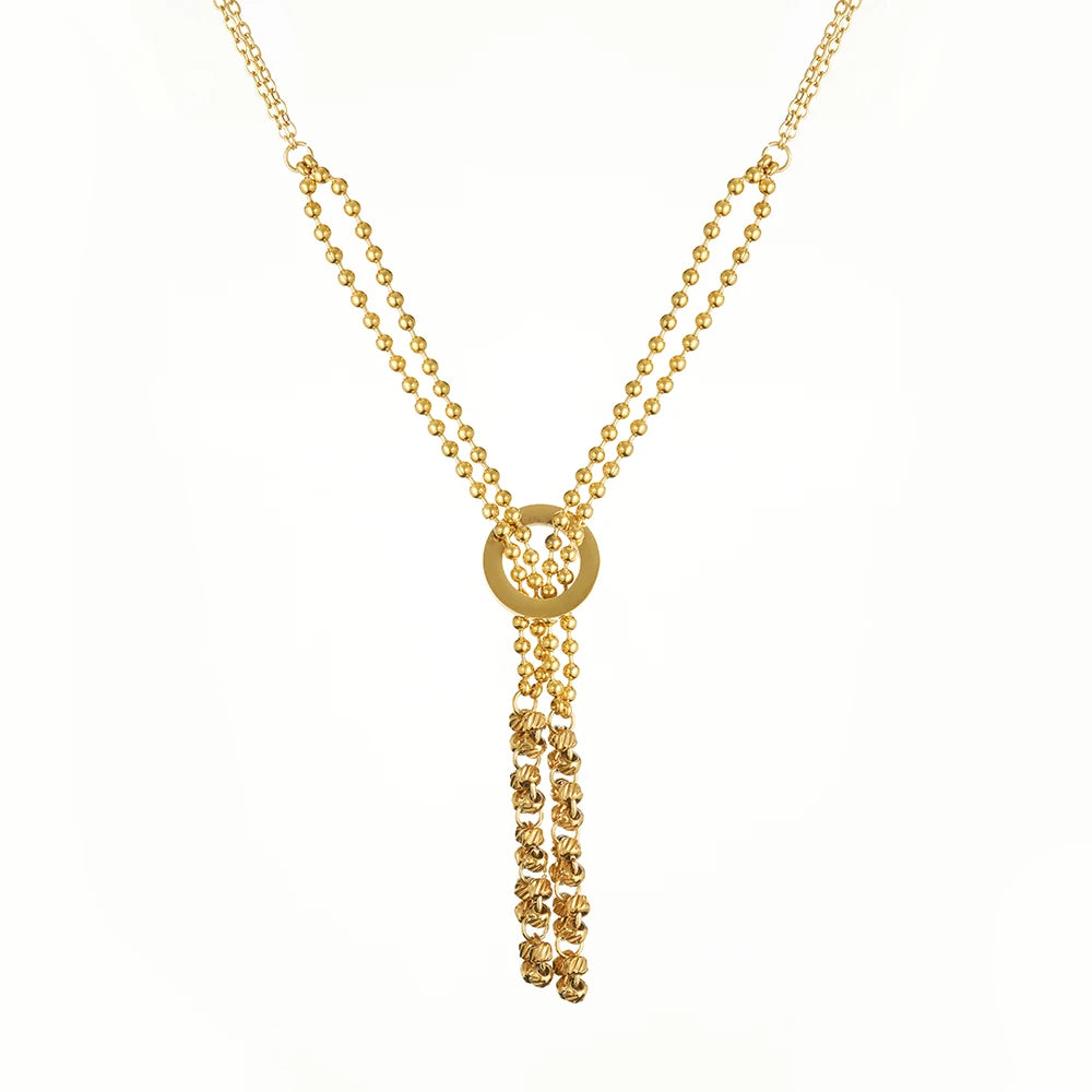 Latest 18K Gold Plated Stainless Steel Jewelry Double Chain Twill Beads Charms Long Tassel Pendant for Women Necklace P243490