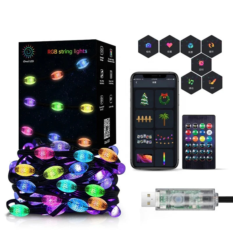RGB Diamond LED Christmas String Lights Outdoor Waterproof USB Magic Light Garden Camp Decoration Holiday Festival Decor