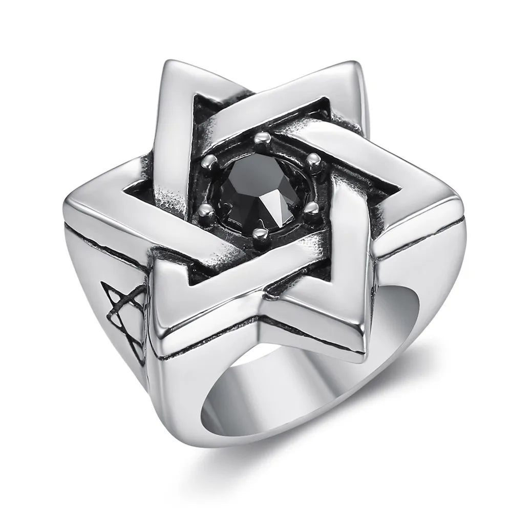 Low MOQ Classic Princess Cut Tarnish Free Stainless Steel Zircon David Star Rings for Unisex Women's