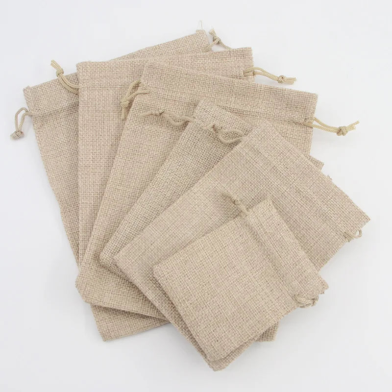 MU Wholesale Biodegradable 100% Jute Drawstring Gift Packaging Bags with SCREEN PRINTING for Jewelry