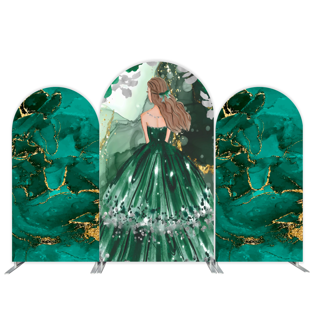 Customized Sweet 16 Princess Emerald Green and Gold Background Fabric Cover for Birthday Party Decoration for Party Event