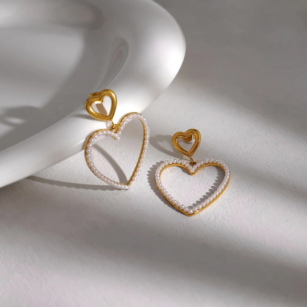 Fine Jewelry Heart Dangle Earrings Stainless Steel Gold Plated 18k Simulated Pearl Hypoallergenic Fashion Drop Ear Ring