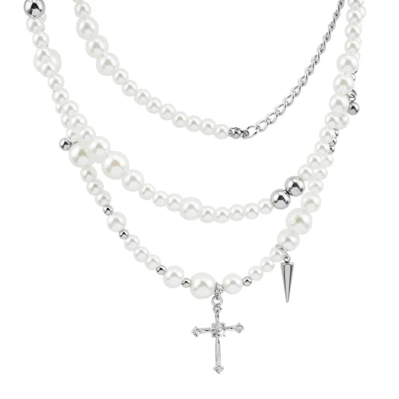 Fenyi Wholesale Jewelry Niche Fashion Punk Unique Cross Irregular Pearl Beads Long Stacking Necklace for Women