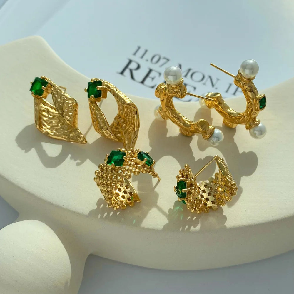Luxury Gold Plated Geometric Shape Inlaid Zircon Pearl Stud Earrings Stainless Steel Fashion Jewelry for Women Party Gifts