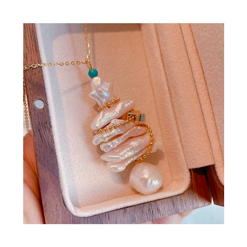 Hot Sale Special Design Natural Freshwater Baroque Pearl Wrapped Christmas Tree Pendant Necklace