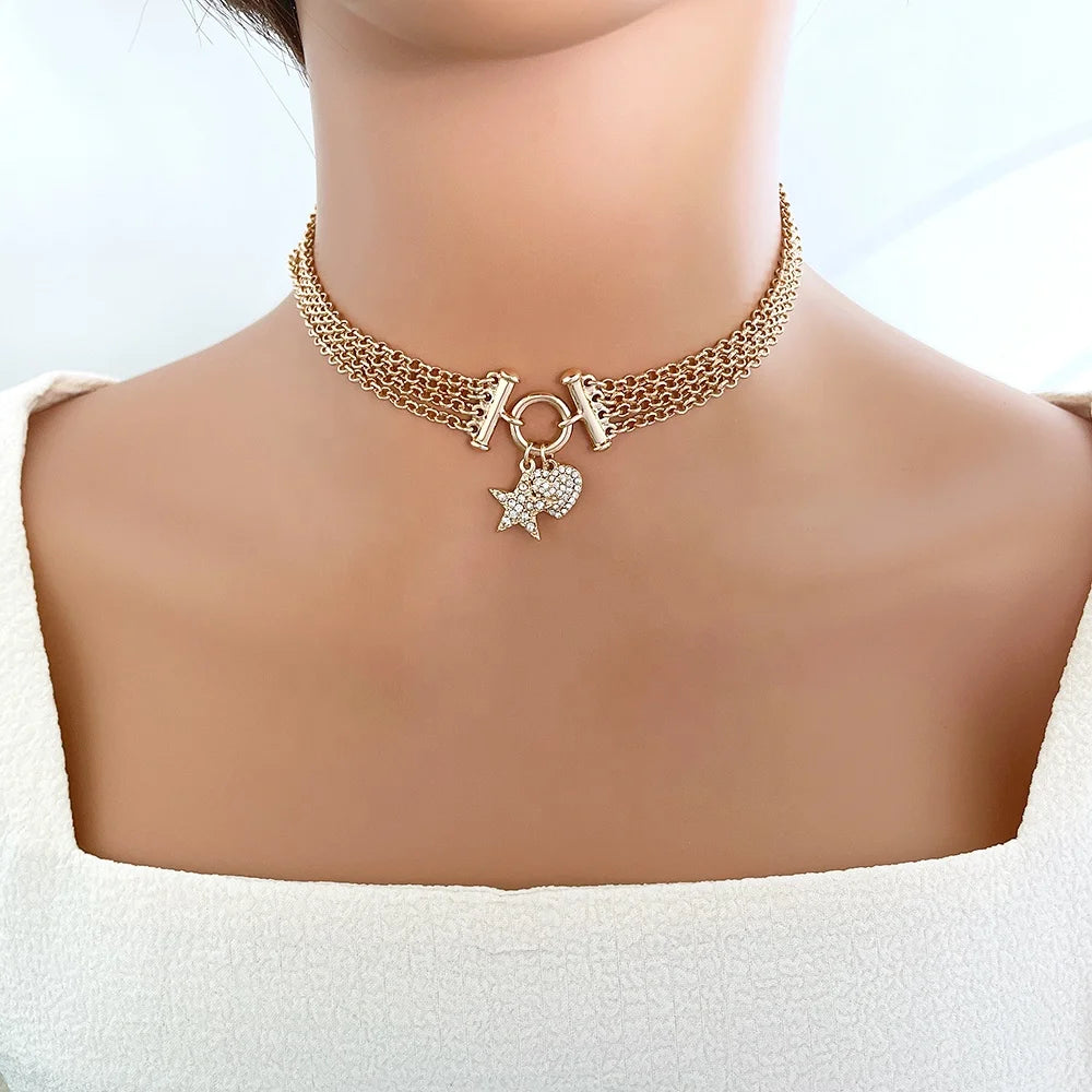 Classic Style Heart and Star Shaped Pendant Mutil Layer Link Chain Rhinestone O/T bar Design Fashion Jewelry Necklaces for Women