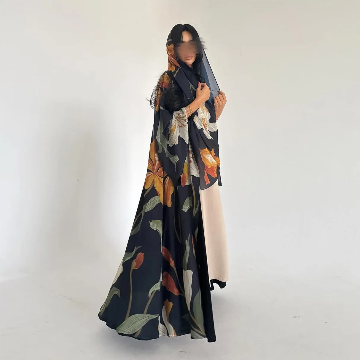 Fashion Floral Print Open Abaya Muslim Elegant Cardigan With Hijab Scarf 2026 Feminine Clothes