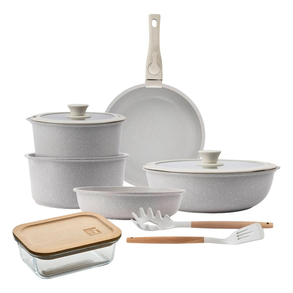 10-Piece Beige Cookware Set with Removable Handles 3 Frying Pans 2 Saucepans Lids and Utensils + 650ml Borosilicate Glass