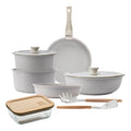 10-Piece Beige Cookware Set with Removable Handles 3 Frying Pans 2 Saucepans Lids and Utensils + 650ml Borosilicate Glass