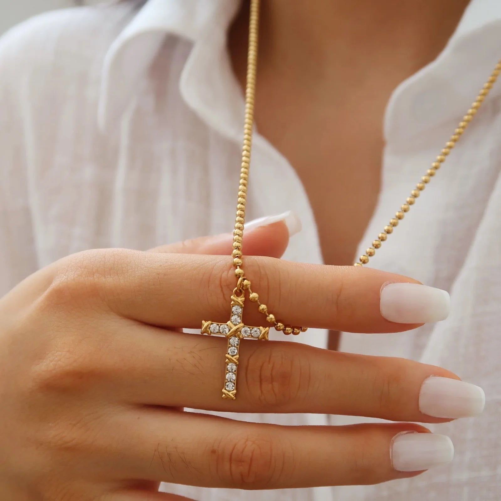 Stainless Steel Cross Necklace Long Chain Pendant for Women Fashion Jewelry Wholesale Sparkling Diamonds CZ Crystals